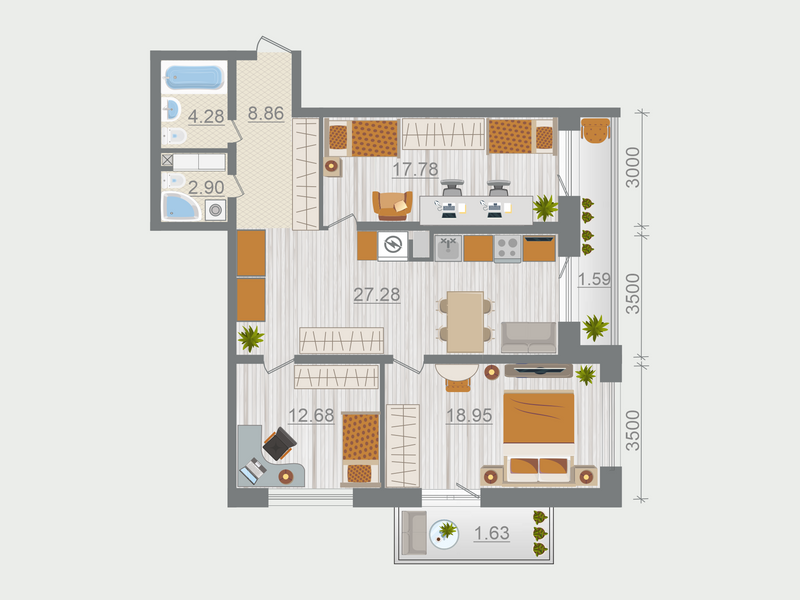 3-комнатная квартира, 95.95 м² в ЖК "Эко Квартал Гармония" - планировка, фото №1