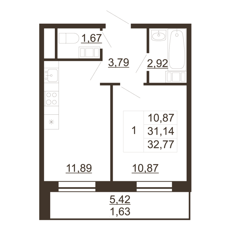 1-комнатная квартира, 32.77 м² в ЖК "Перспектива" - планировка, фото №1