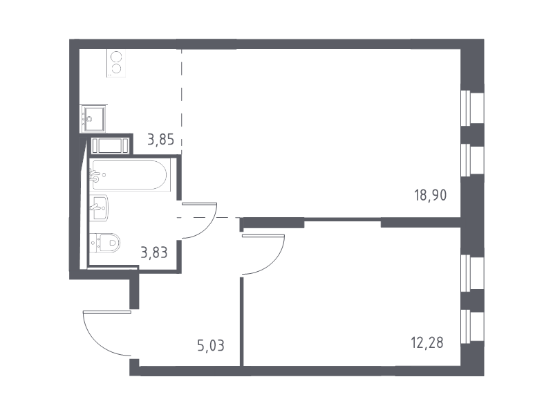 2-комнатная (Евро) квартира, 43.89 м² - планировка, фото №1