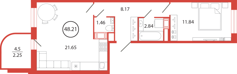 2-комнатная (Евро) квартира, 48.21 м² в ЖК "Энфилд" - планировка, фото №1