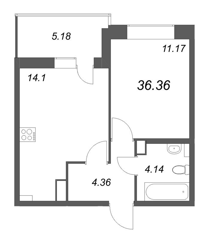 1-комнатная квартира, 36.36 м² в ЖК "Аквилон RekaPark" - планировка, фото №1