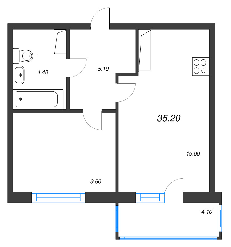 1-комнатная квартира, 35.2 м² - планировка, фото №1