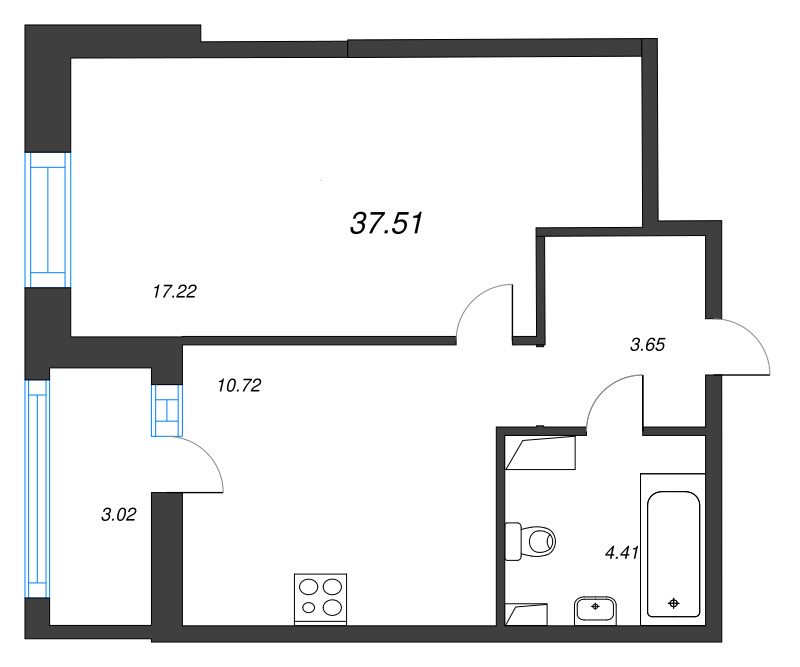 1-комнатная квартира, 37.51 м² - планировка, фото №1