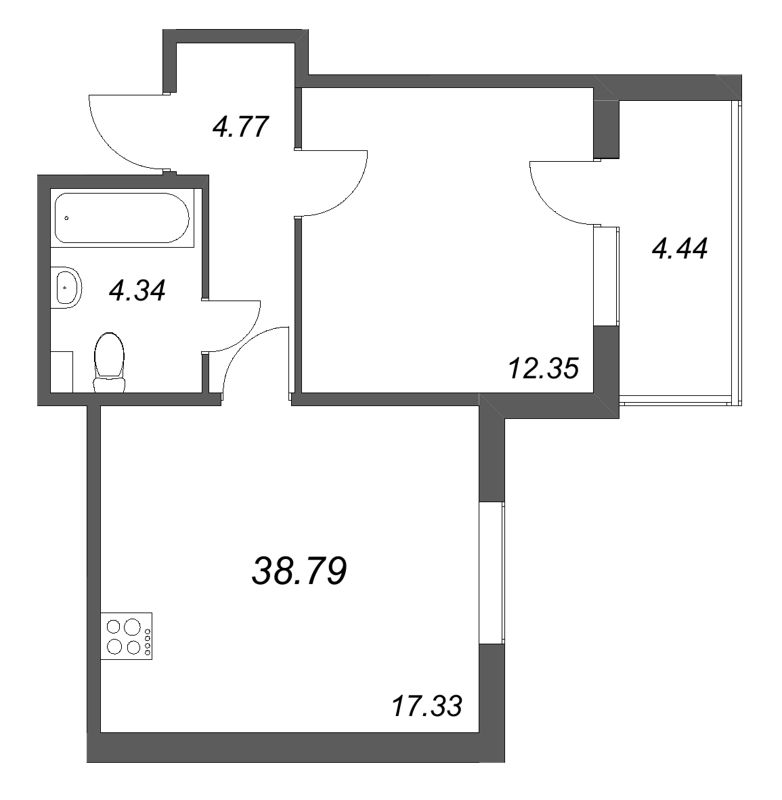 2-комнатная (Евро) квартира, 38.79 м² в ЖК "Любоград" - планировка, фото №1
