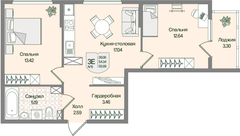 3-комнатная (Евро) квартира, 55.99 м² в ЖК "Охтинские высоты" - планировка, фото №1