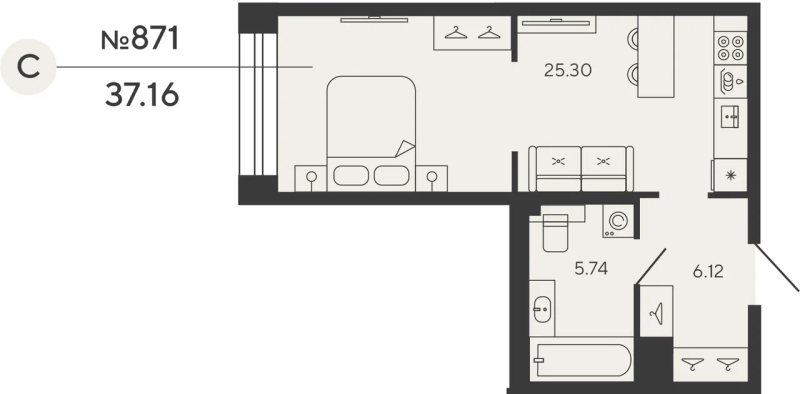 Квартира-студия, 36.71 м² в ЖК "Bashni Element" - планировка, фото №1