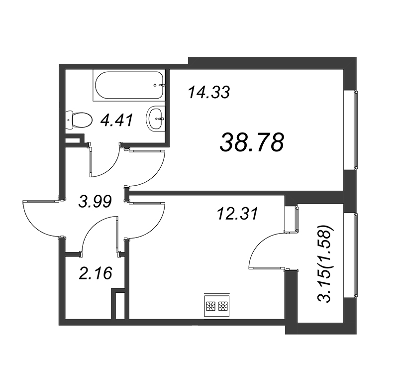 1-комнатная квартира, 38.6 м² - планировка, фото №1