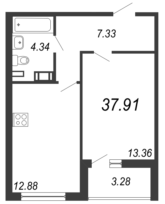 1-комнатная квартира, 37.91 м² - планировка, фото №1