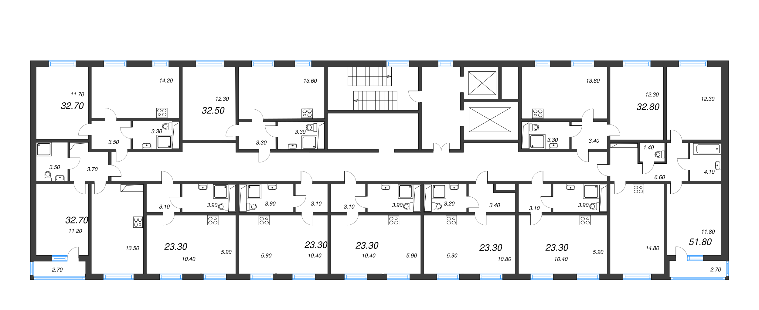 2-комнатная (Евро) квартира, 51.8 м² - планировка этажа