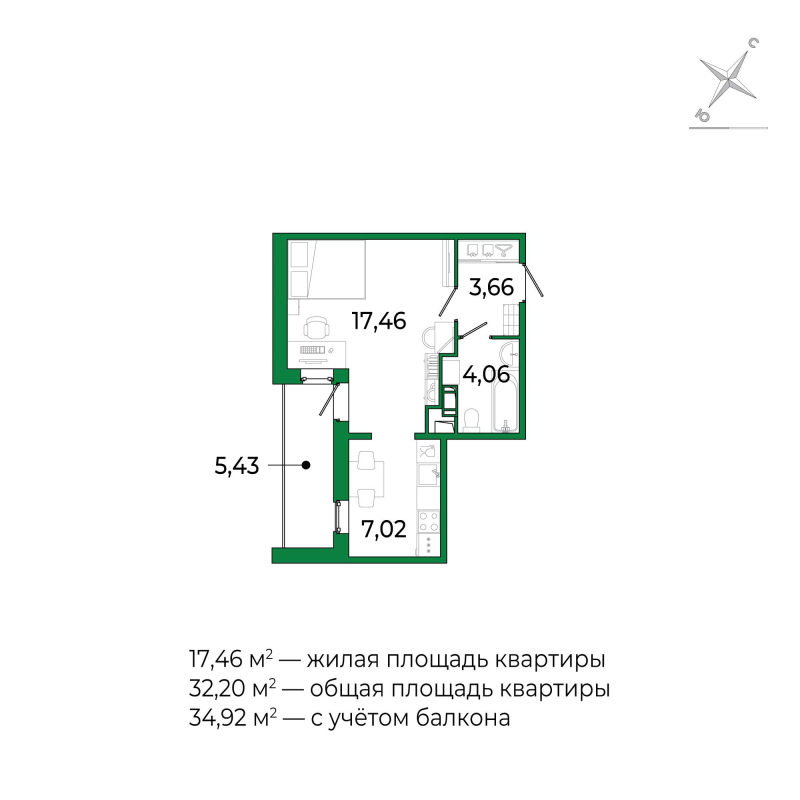 Квартира-студия, 31.7 м² в ЖК "Сертолово Парк" - планировка, фото №1