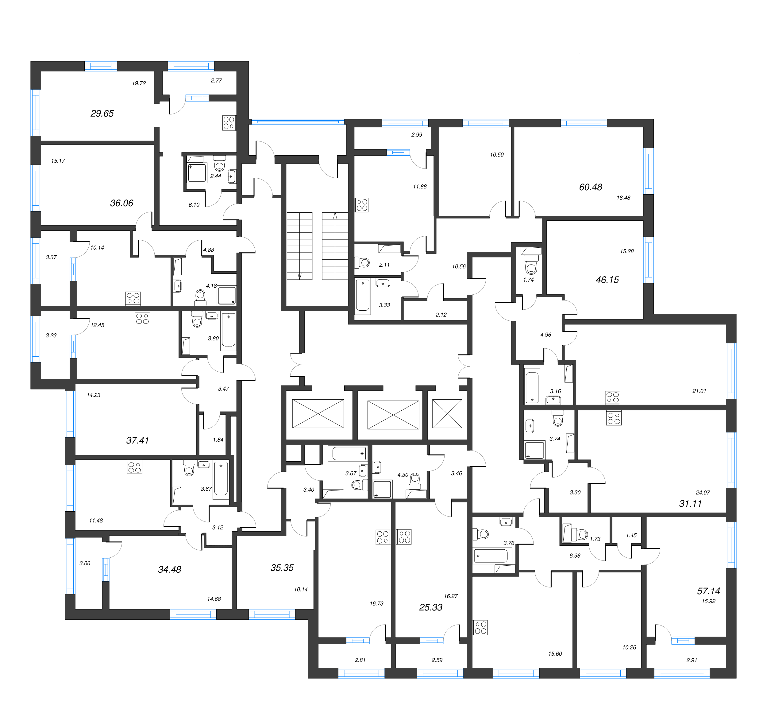 2-комнатная (Евро) квартира, 46.15 м² - планировка этажа