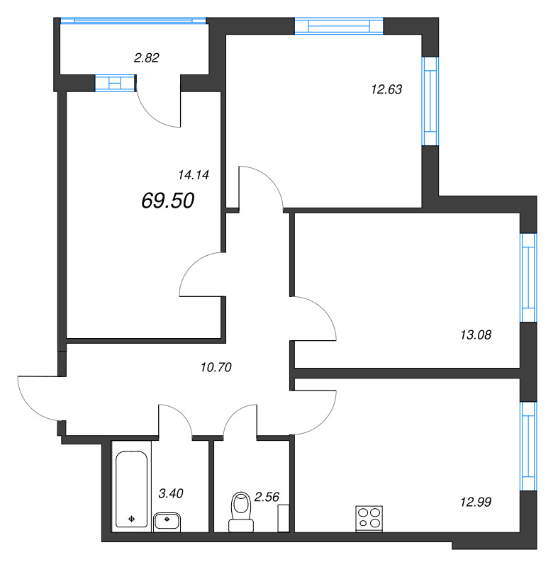 3-комнатная квартира, 69.5 м² - планировка, фото №1
