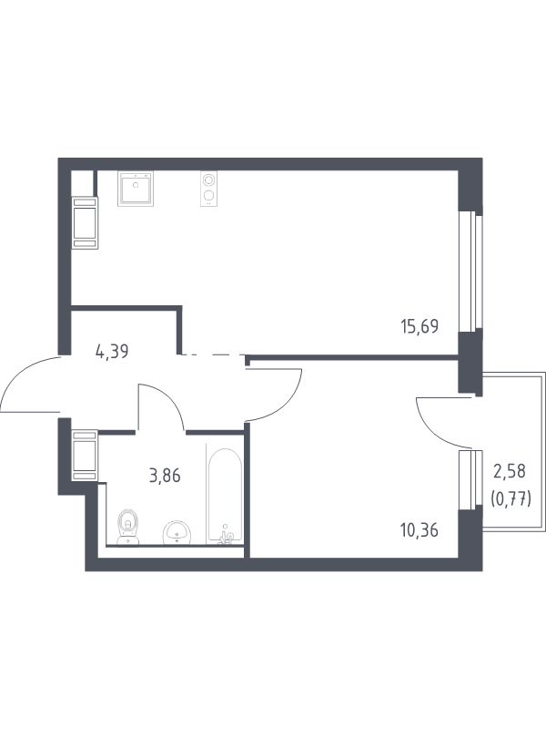2-комнатная (Евро) квартира, 35.07 м² - планировка, фото №1