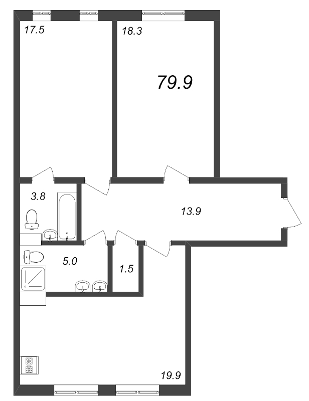 2-комнатная квартира, 79.9 м² - планировка, фото №1