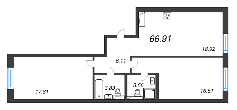 3-комнатная (Евро) квартира, 66.91 м² в ЖК "Цивилизация на неве" - планировка, фото №1