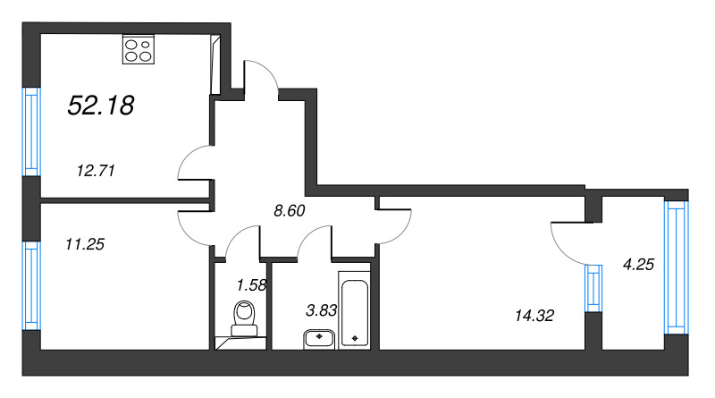 2-комнатная квартира, 53.46 м² в ЖК "Кронфорт. Центральный" - планировка, фото №1