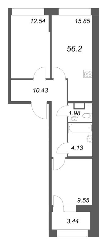 3-комнатная (Евро) квартира, 56.2 м² в ЖК "Аквилон Солар Парк" - планировка, фото №1