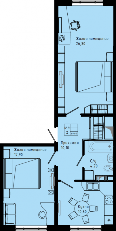 2-комнатная квартира, 69.6 м² в ЖК "Pixel" - планировка, фото №1
