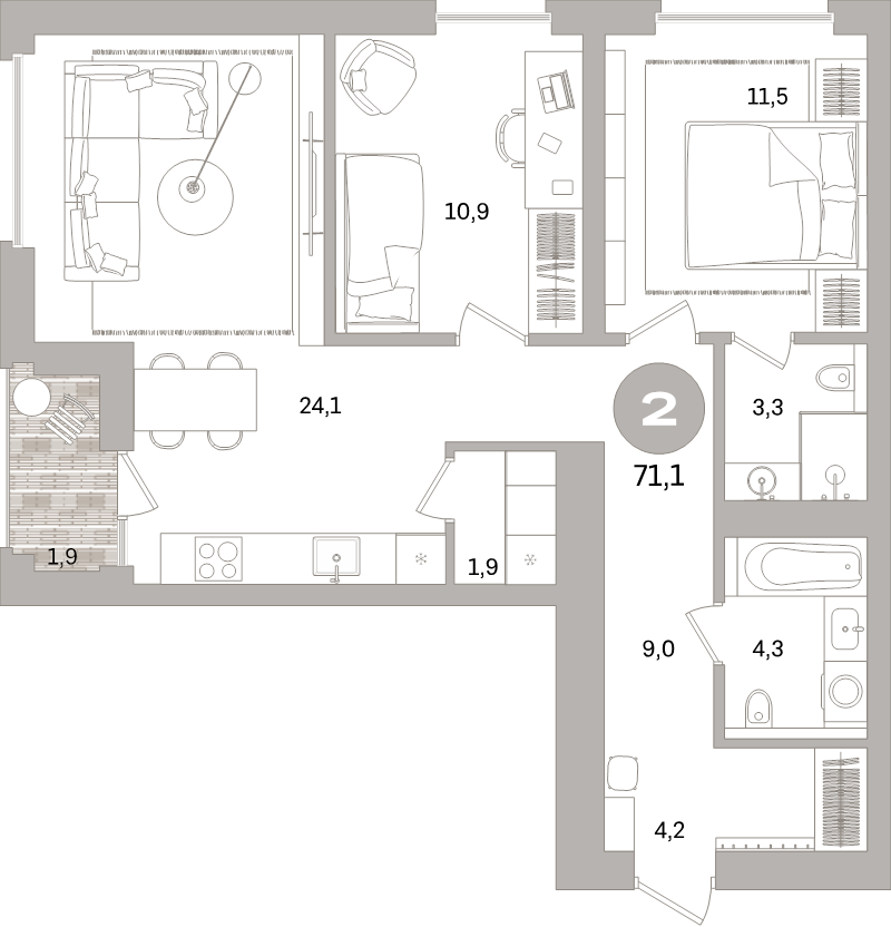 3-комнатная (Евро) квартира, 71.1 м² в ЖК "Северный ветер" - планировка, фото №1