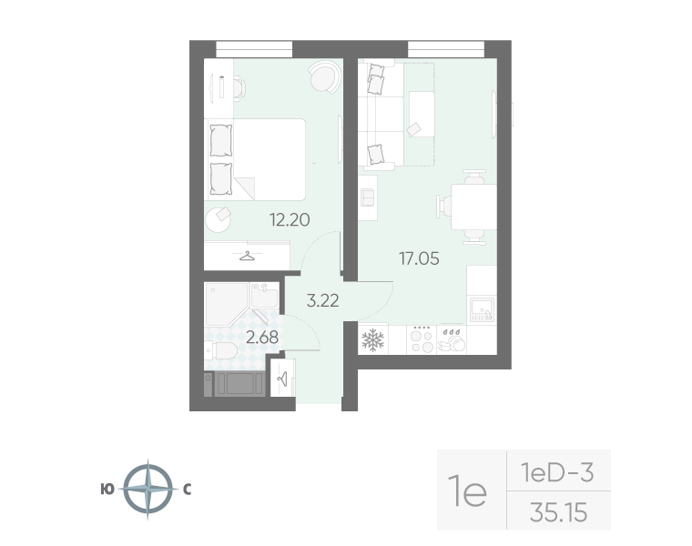2-комнатная (Евро) квартира, 35.15 м² в ЖК "Морская миля" - планировка, фото №1