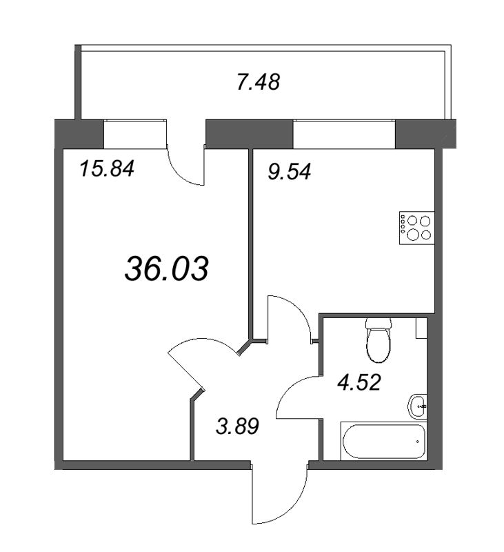1-комнатная квартира, 36.03 м² в ЖК "СМАРТ" - планировка, фото №1