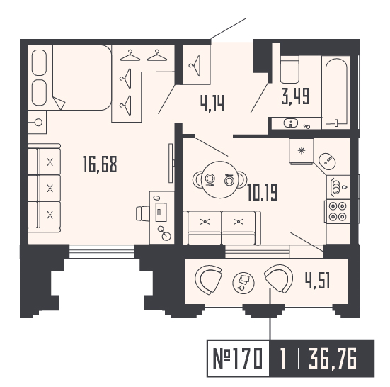 1-комнатная квартира, 36.76 м² в ЖК "Shepilevskiy" - планировка, фото №1