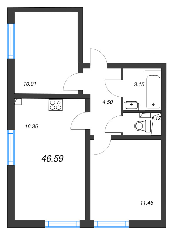 3-комнатная (Евро) квартира, 46.59 м² - планировка, фото №1