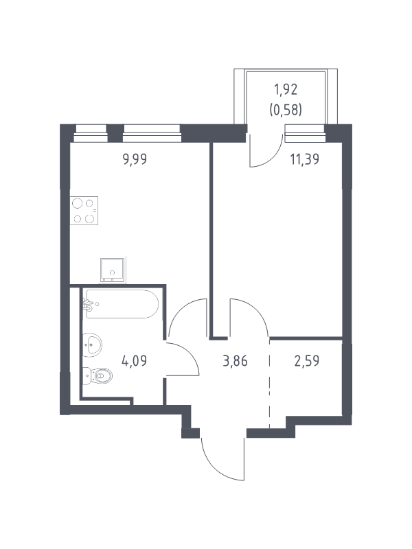 1-комнатная квартира, 32.5 м² - планировка, фото №1