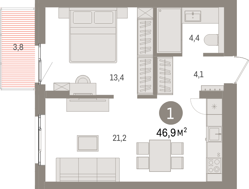 2-комнатная (Евро) квартира, 46.9 м² в ЖК "Брусника в Новоселье" - планировка, фото №1