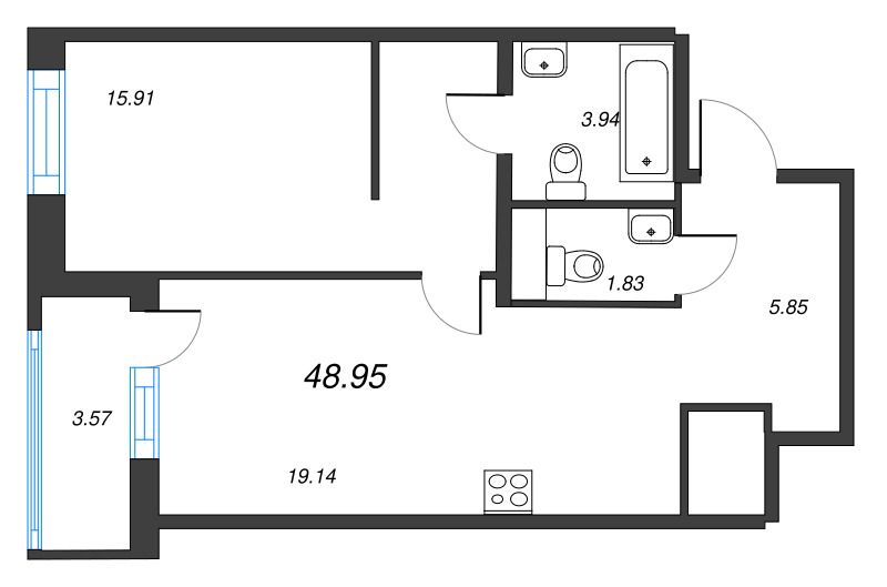 2-комнатная (Евро) квартира, 48.35 м² в ЖК "Окла Вижн" - планировка, фото №1