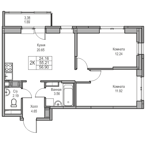 3-комнатная (Евро) квартира, 56.9 м² в ЖК "Юнтолово" - планировка, фото №1