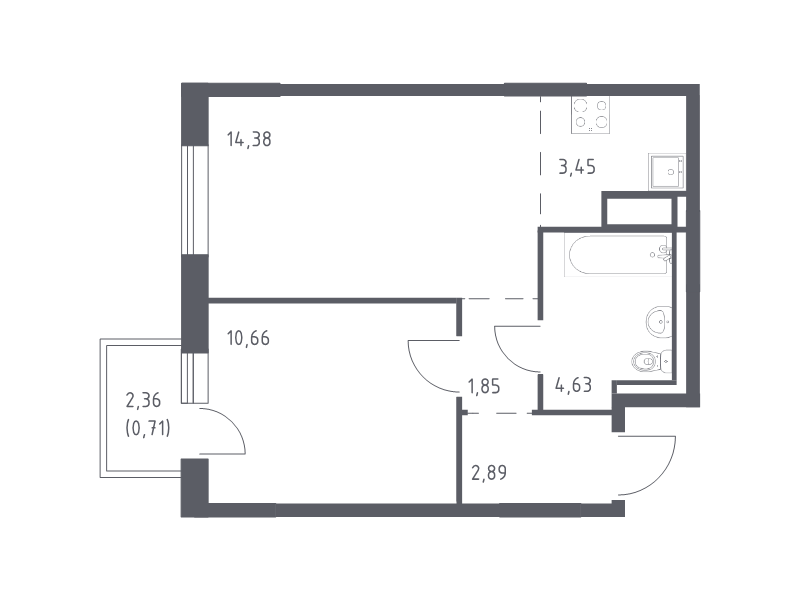 2-комнатная (Евро) квартира, 38.57 м² - планировка, фото №1
