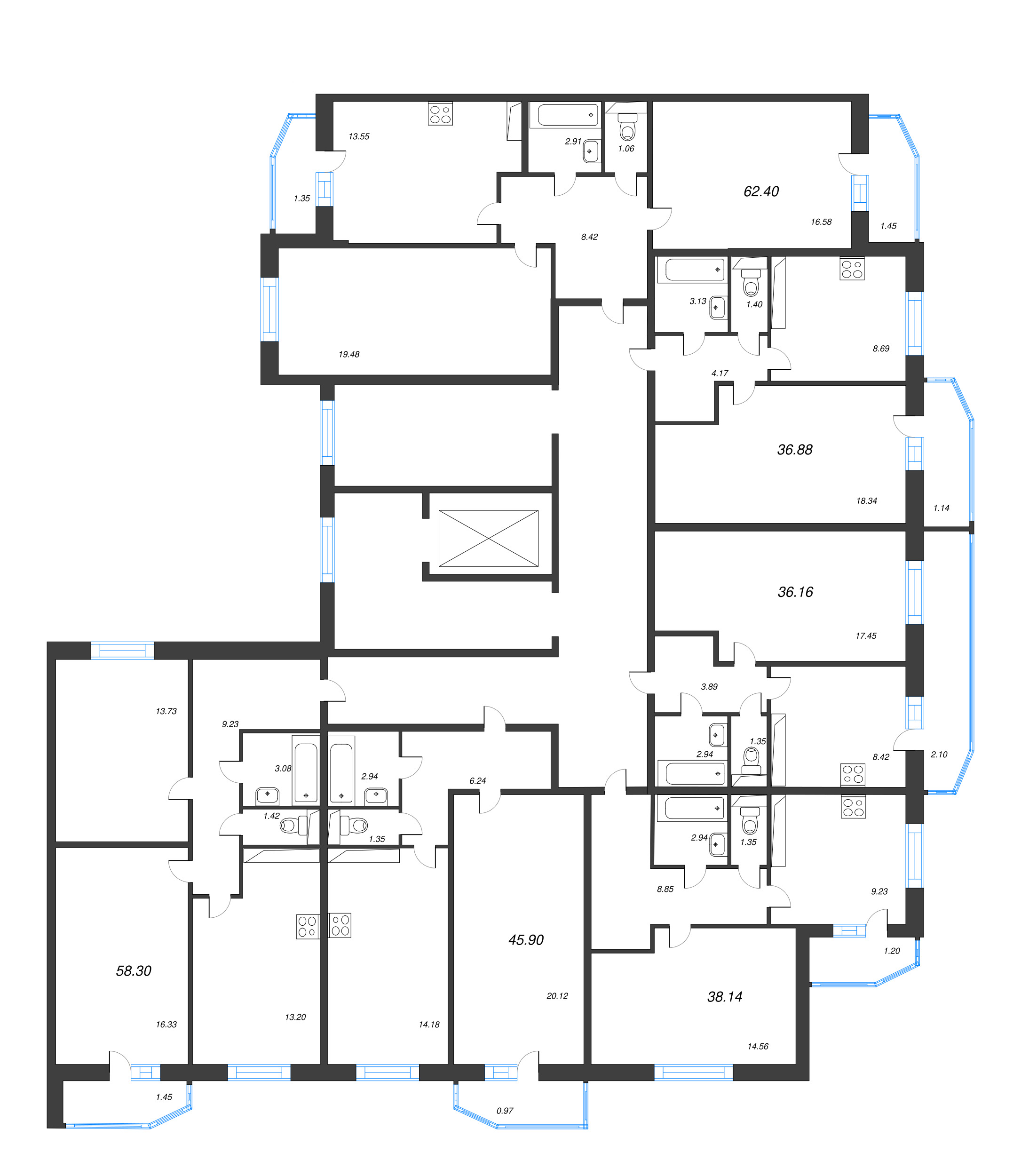 2-комнатная квартира, 58.1 м² - планировка этажа
