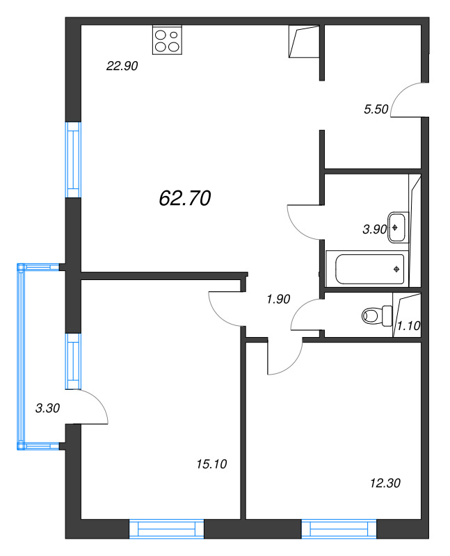 3-комнатная (Евро) квартира, 62.7 м² в ЖК "Руднева 15" - планировка, фото №1