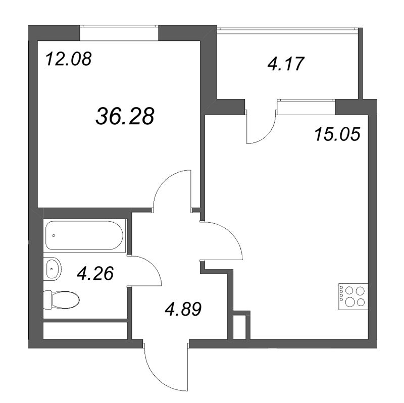 2-комнатная (Евро) квартира, 36.28 м² в ЖК "ЮгТаун" - планировка, фото №1