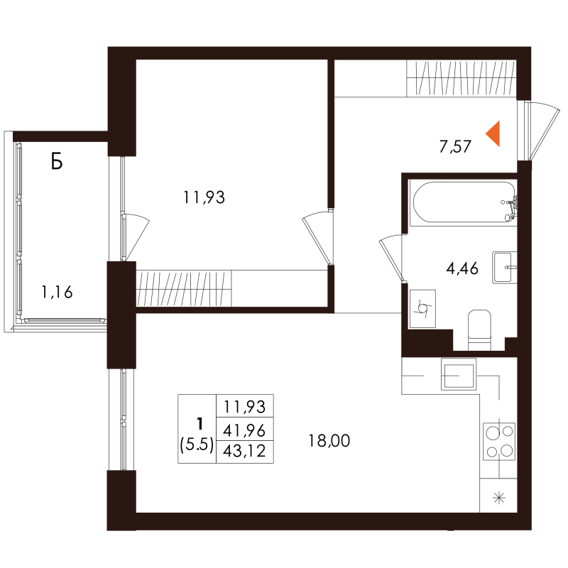 2-комнатная (Евро) квартира, 43.12 м² - планировка, фото №1