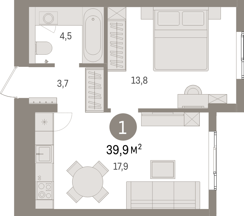 2-комнатная (Евро) квартира, 39.9 м² в ЖК "Брусника в Новоселье" - планировка, фото №1