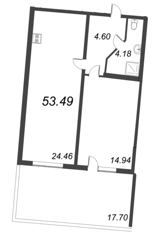 2-комнатная (Евро) квартира, 53.49 м² - планировка, фото №1