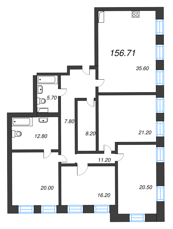 5-комнатная (Евро) квартира, 156.8 м² - планировка, фото №1