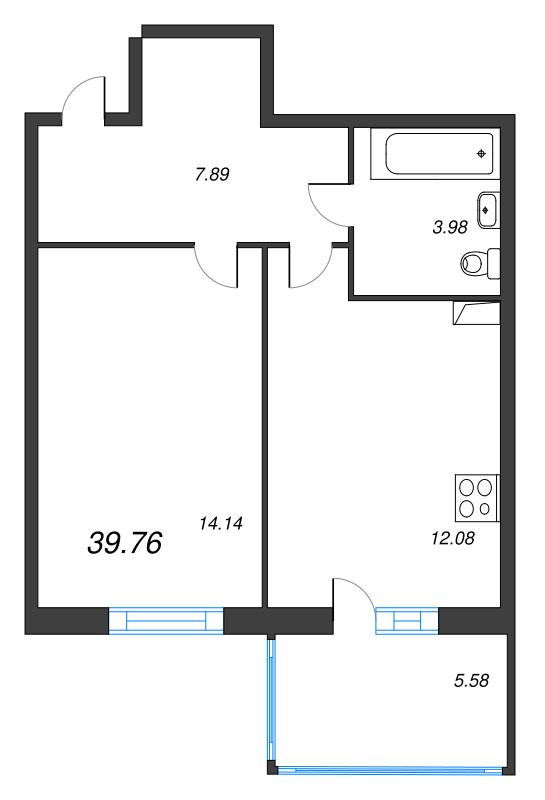 1-комнатная квартира, 39.76 м² - планировка, фото №1