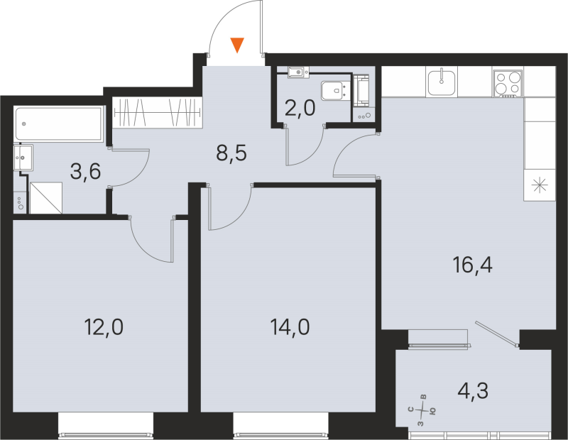 3-комнатная (Евро) квартира, 56.5 м² в ЖК "М36" - планировка, фото №1