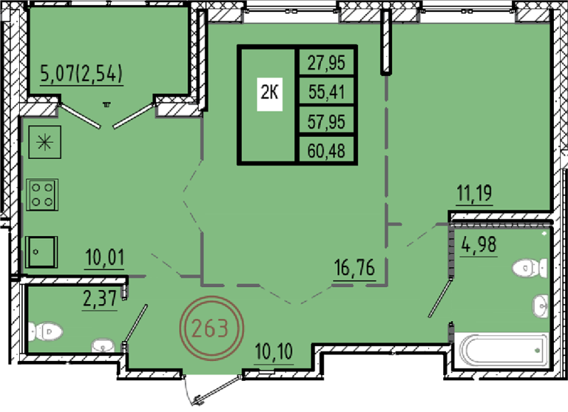 2-комнатная квартира, 55.41 м² в ЖК "Образцовый квартал 9.1" - планировка, фото №1