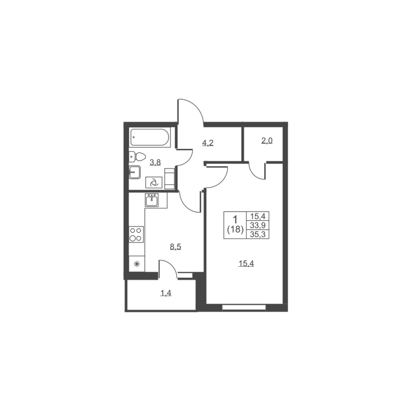 1-комнатная квартира, 35.3 м² - планировка, фото №1