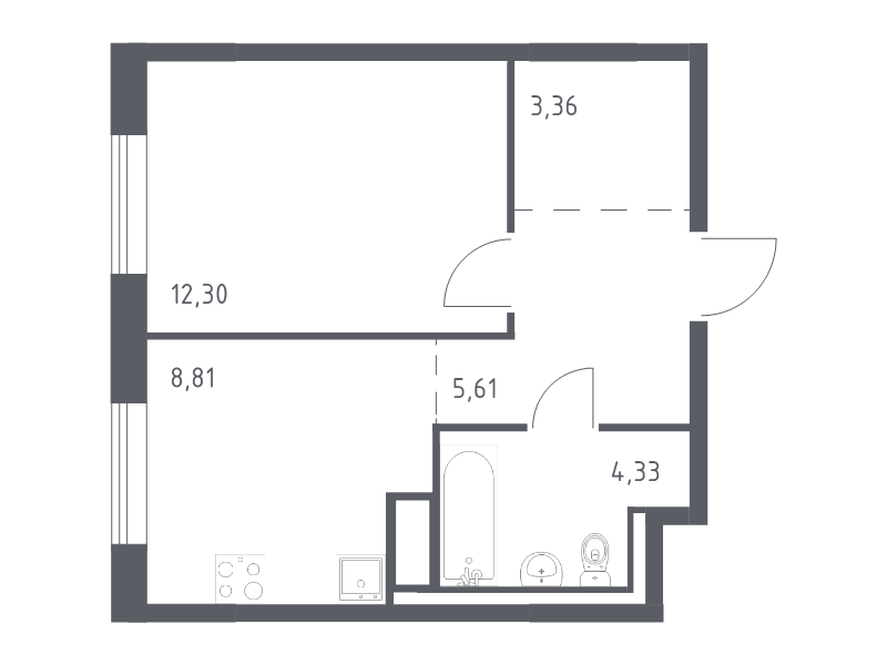 1-комнатная квартира, 34.41 м² в ЖК "Квартал Лаголово" - планировка, фото №1