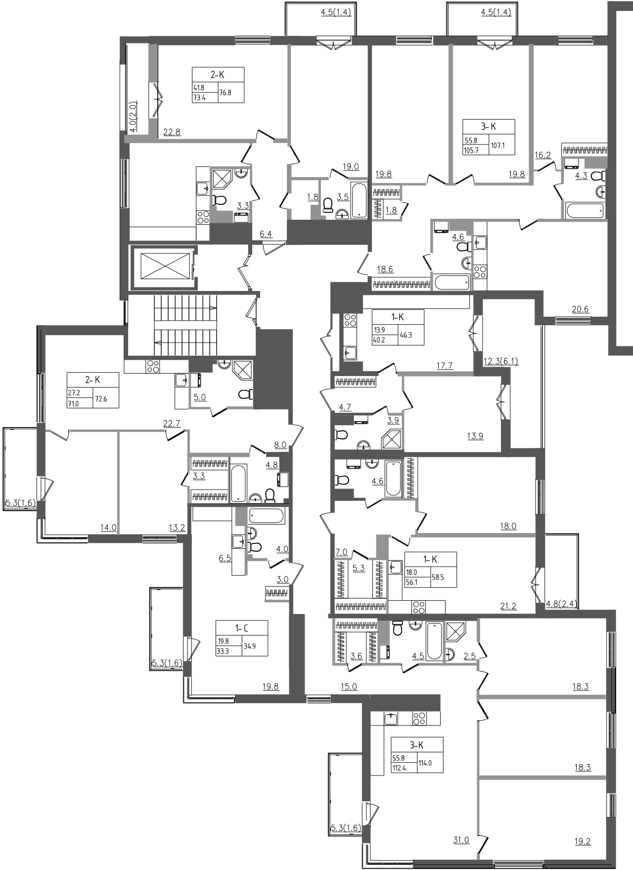 3-комнатная (Евро) квартира, 72.6 м² - планировка этажа