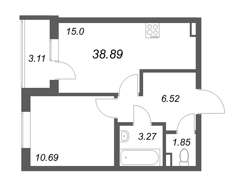 2-комнатная (Евро) квартира, 38.89 м² - планировка, фото №1