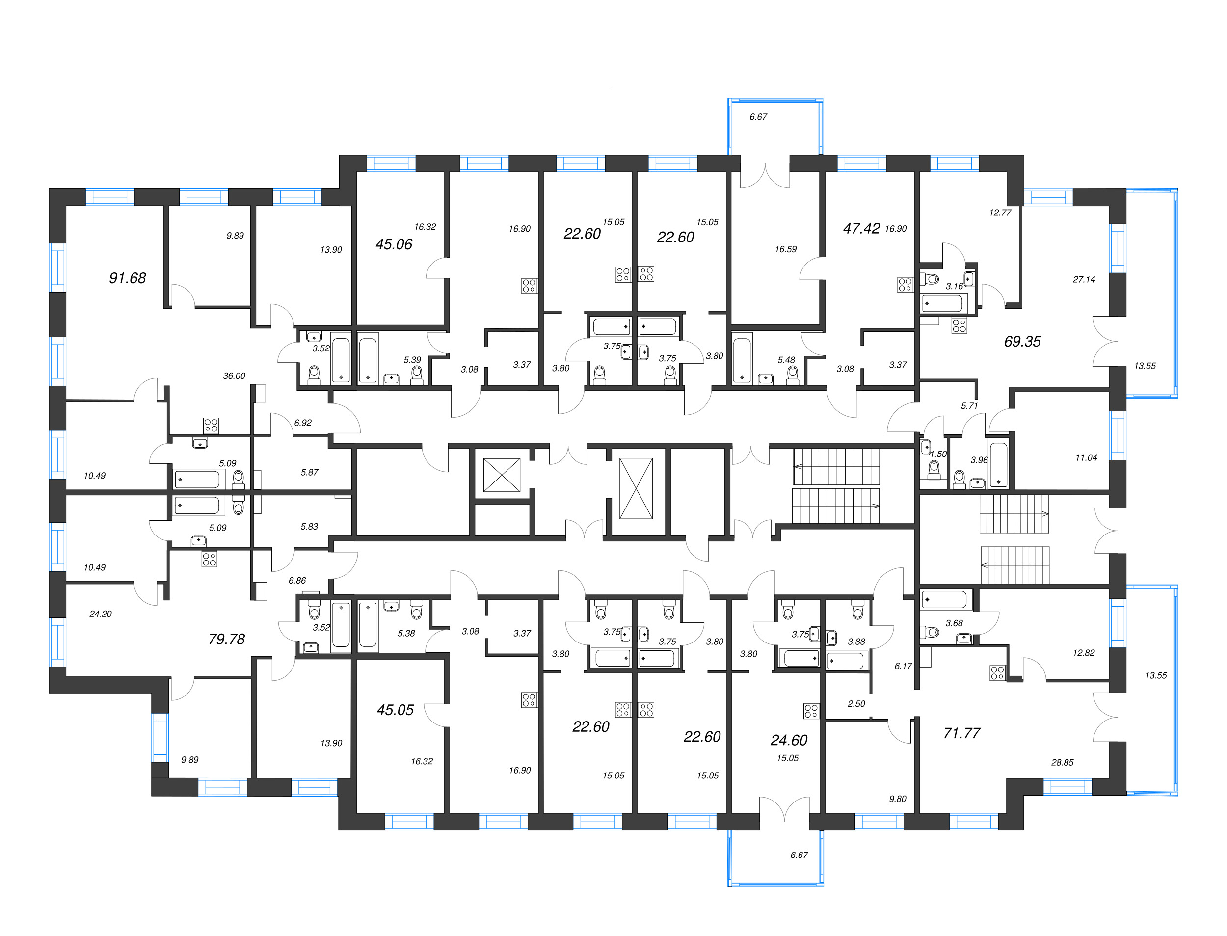 3-комнатная (Евро) квартира, 69.35 м² - планировка этажа