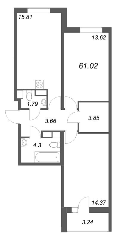 3-комнатная (Евро) квартира, 61.02 м² в ЖК "Кинопарк" - планировка, фото №1