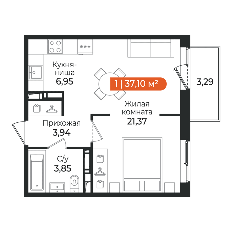 Квартира-студия, 37.1 м² в ЖК "Алгоритм Квинта" - планировка, фото №1