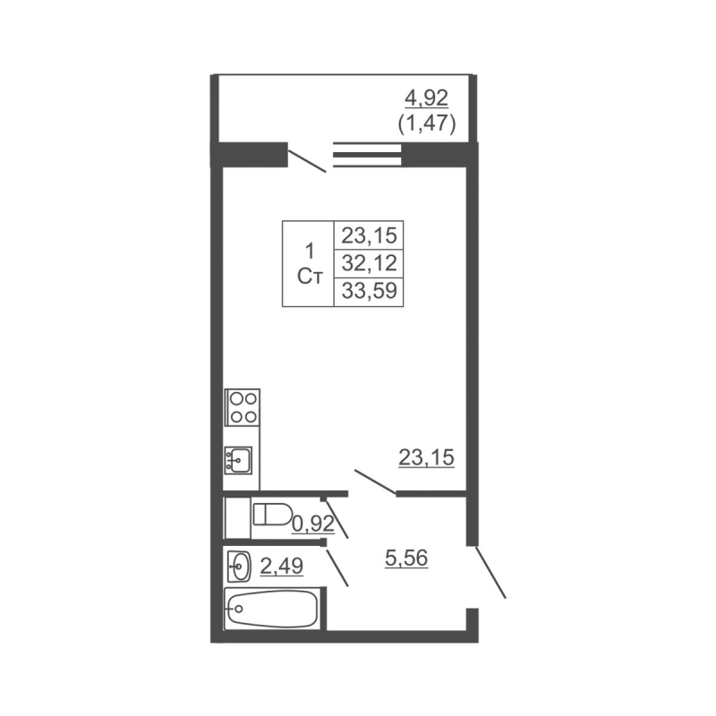 Квартира-студия, 33.59 м² в ЖК "Тандем" - планировка, фото №1